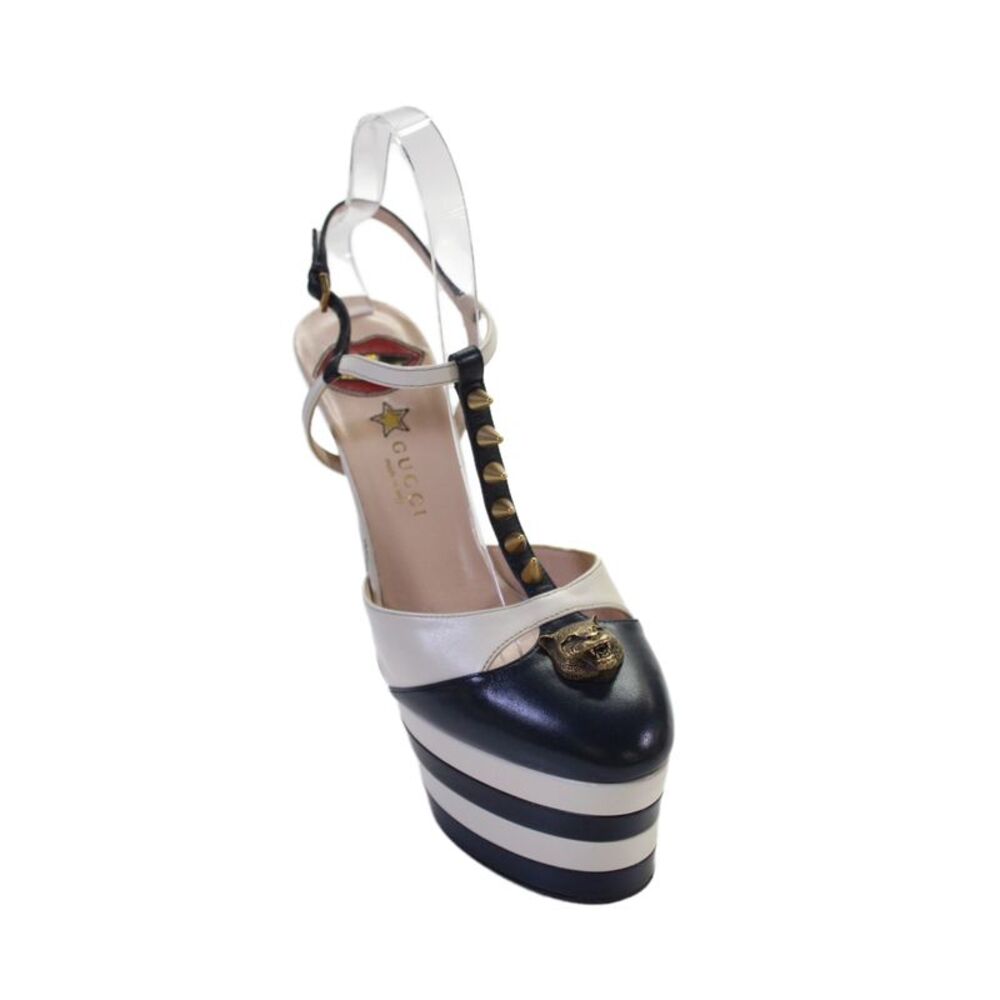 Gucci Women's Round Toe Platform Stiletto Buckle Sandals Blue/White Size 39